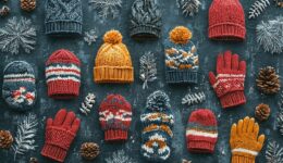 A pile of knitted mittens and gloves rests atop a table, accompanied by pinecones