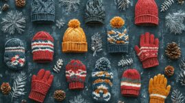 A pile of knitted mittens and gloves rests atop a table, accompanied by pinecones