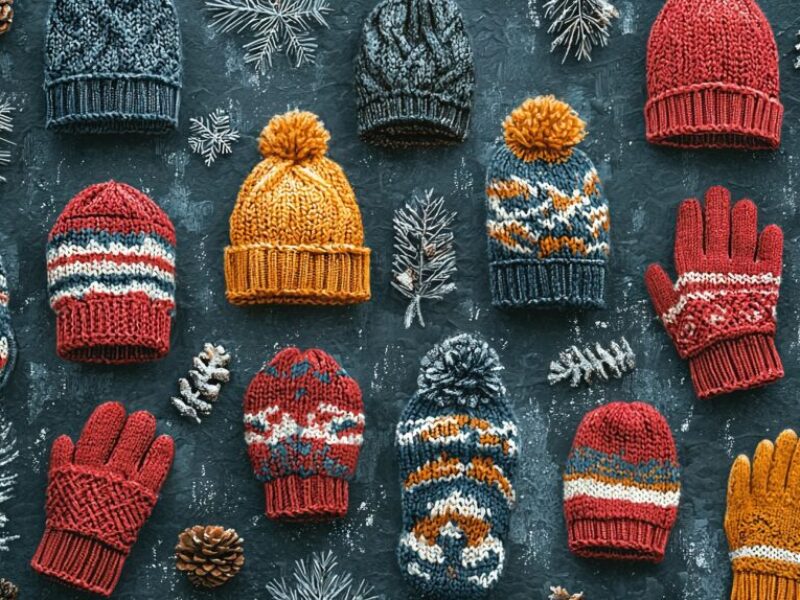 A pile of knitted mittens and gloves rests atop a table, accompanied by pinecones