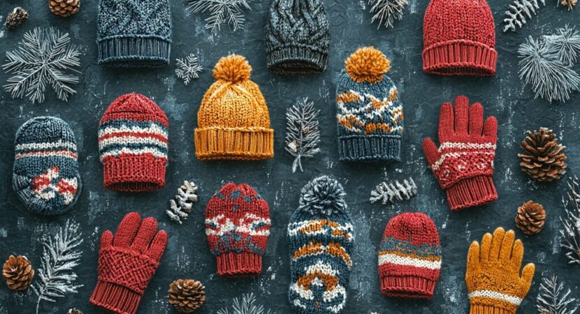 A pile of knitted mittens and gloves rests atop a table, accompanied by pinecones