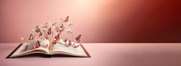 Storytelling book writing concept, romance theme, butterflies flying over open book illustration banner, copy space on pastel pink background. Generative AI