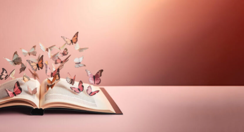 Storytelling book writing concept, romance theme, butterflies flying over open book illustration banner, copy space on pastel pink background. Generative AI