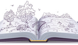 Meadow, River, bridge and trees in pages of an open book. Conceptual illustration