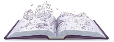 Meadow, River, bridge and trees in pages of an open book. Conceptual illustration