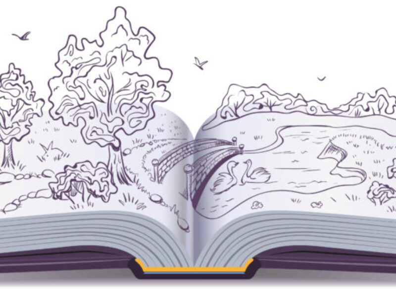 Meadow, River, bridge and trees in pages of an open book. Conceptual illustration