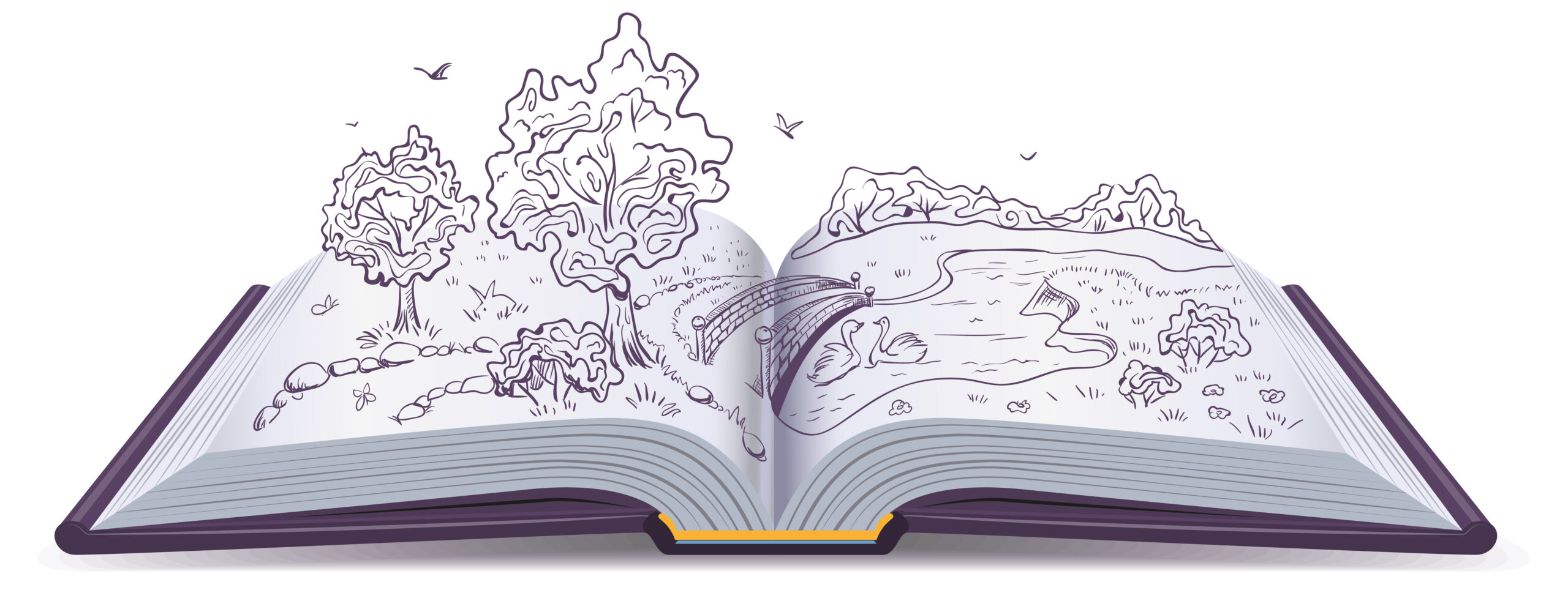 Meadow, River, bridge and trees in pages of an open book. Conceptual illustration