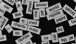 A close-up of various word cutouts on a black background, featuring different languages.